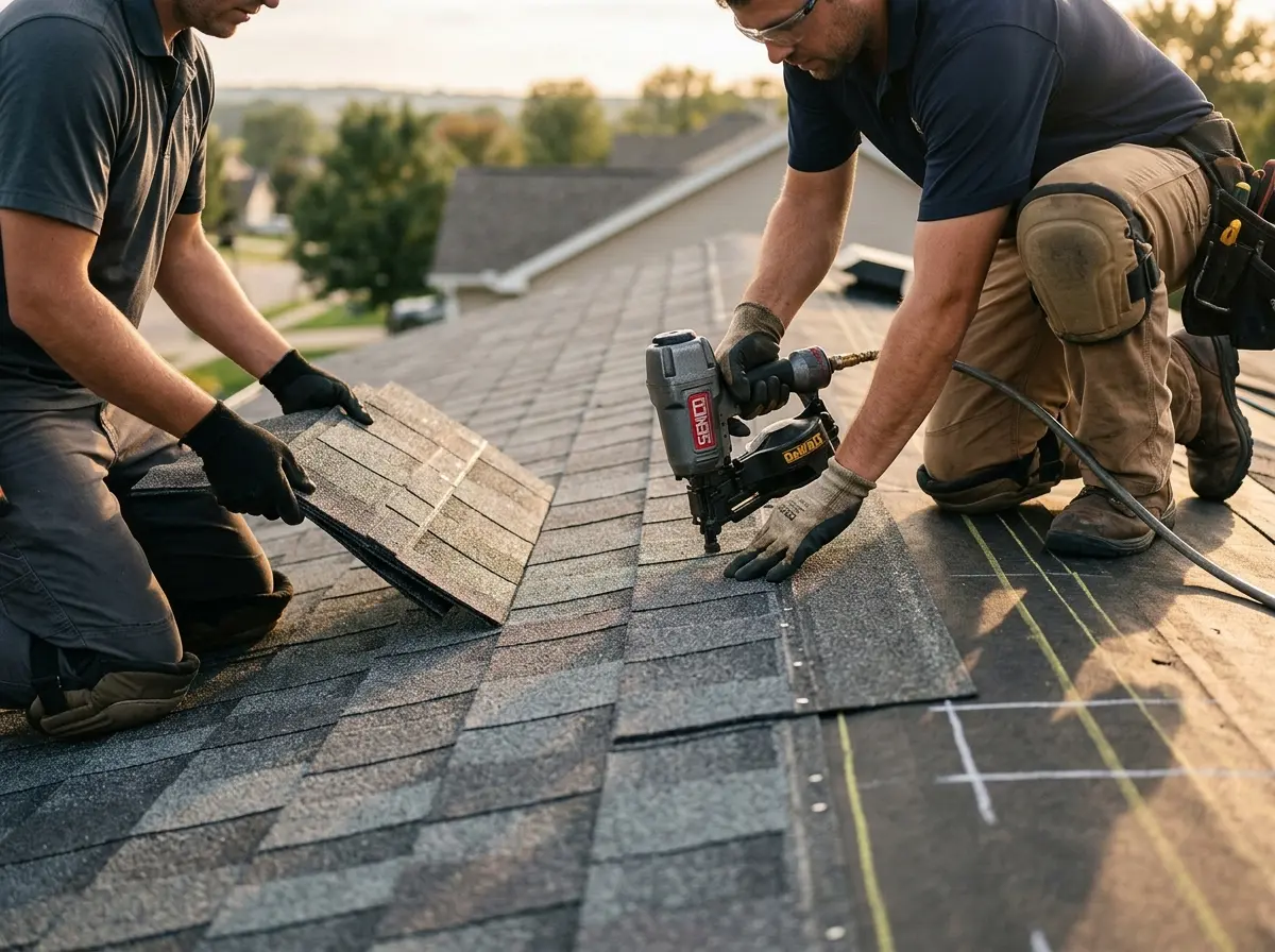 Professional roofer working on a residential roof in Sandy Springs